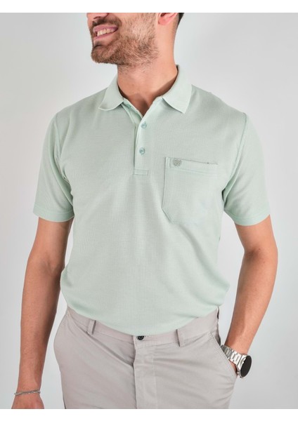 Erkek Yakalı Cepli Waffle Açık Yeşil Baba Tshirt