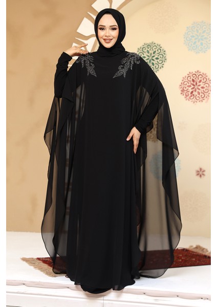 Panço Detaylı Siyah Tesettür Abaya 25908S