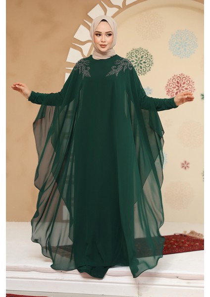 Panço Detaylı Zümrüt Yeşili Tesettür Abaya 25908ZY