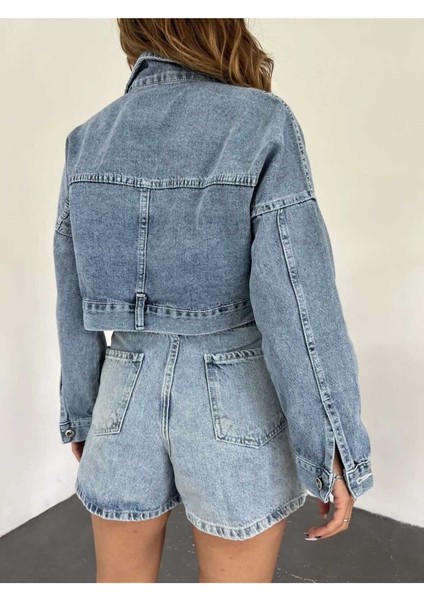 Fermuarlı Crop Kot Ceket