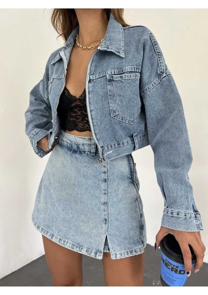 Fermuarlı Crop Kot Ceket