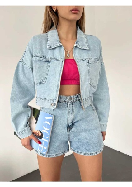 Fermuarlı Crop Kot Ceket