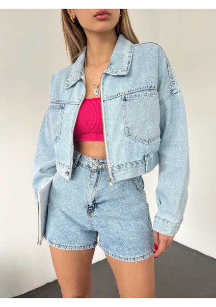 Fermuarlı Crop Kot Ceket