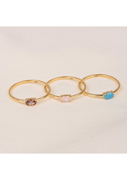Gümüş Yüzük - 0.50 Karat Oval Sade Minimal Pembe Kuvars 925 Ayar Tektaş Gümüş Yüzük