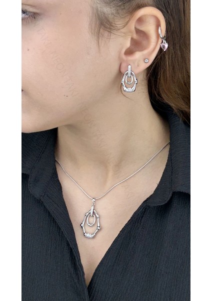 Duyarlılık Etiketi ve Zirkon Taşlı, Vintage, Küpe ve Kolye, Platinyum Kaplama Çelik Set 45, Gümüş Renk