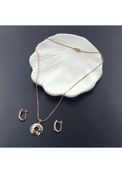 Duyarlılık Etiketi ve Zirkon Taşlı, Küpe ve Kolye, Altın Kaplama Çelik Set 41, Pembe (Rose) Renk