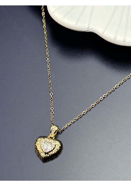 , Duyarlılık Etiketi ve Zirkon Taşlı, Kalp Figürlü, Paslanmaz Çelik Kolye 359, Altın Renk modelleri