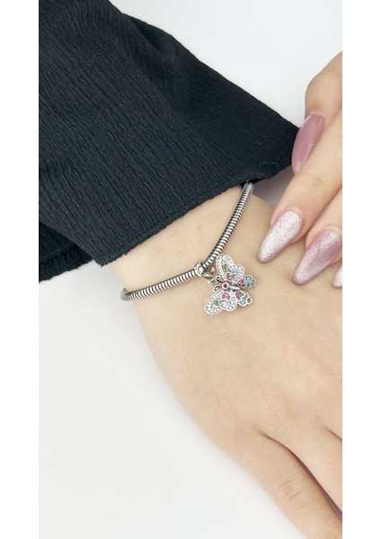Duyarlılık Etiketi ve Çok Renkli Zirkon Taşlı ve Kelebek Figür, Sallantılı, Pan Bileklik Için Çelik Charm 24, Gümüş Renk