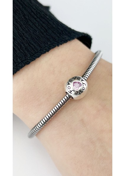 Duyarlılık Etiketi ve Küre, Pembe Kalp Zirkon Taşlı ve Sonsuza Kadar Aşk Yazılı, Pan Bileklik Çelik Charm 1, Gümüş Renk