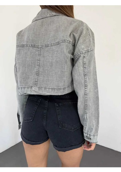 Fermuarlı Crop Kot Ceket