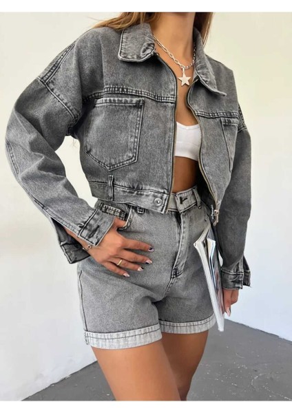 Fermuarlı Crop Kot Ceket