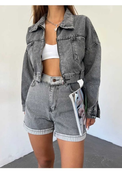 Fermuarlı Crop Kot Ceket