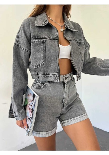 Fermuarlı Crop Kot Ceket