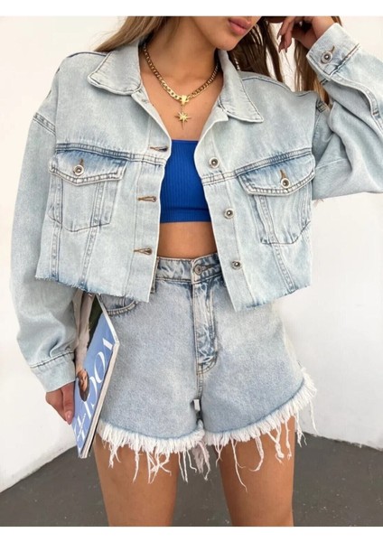 Kadın Çift Cepli Yıkamalı Crop Denim Kot Ceket