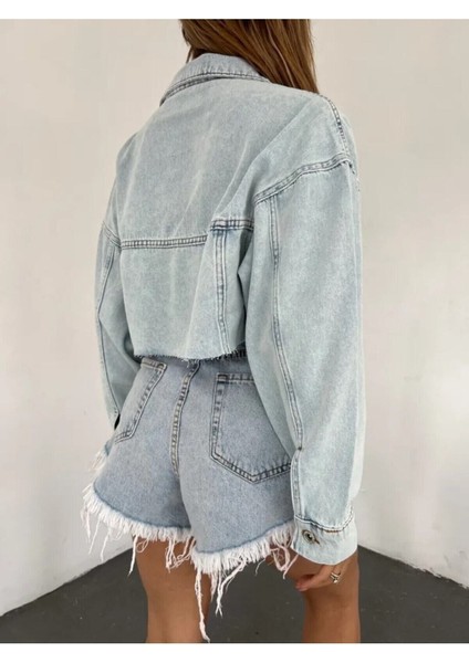 Kadın Çift Cepli Yıkamalı Crop Denim Kot Ceket fiyatları