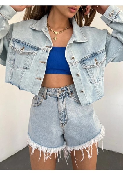 Kadın Çift Cepli Yıkamalı Crop Denim Kot Ceket fırsatları