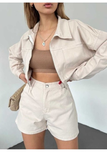 Fermuarlı Crop Kot Ceket