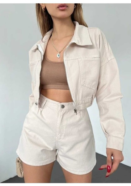Fermuarlı Crop Kot Ceket