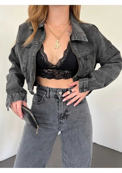 Fermuarlı Crop Kot Ceket