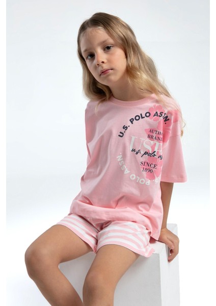 2073 Kız Çocuk Bisiklet Yaka Kısa Kollu Çizgili Şort Pijama Takım
