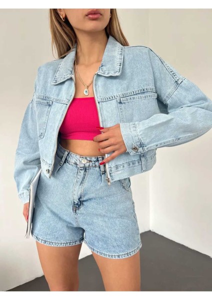 Fermuarlı Crop Kot Ceket