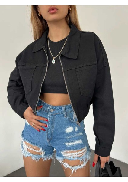 Fermuarlı Crop Kot Ceket