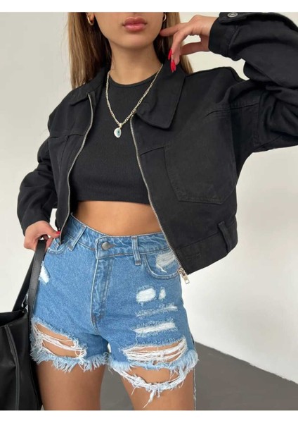 Fermuarlı Crop Kot Ceket