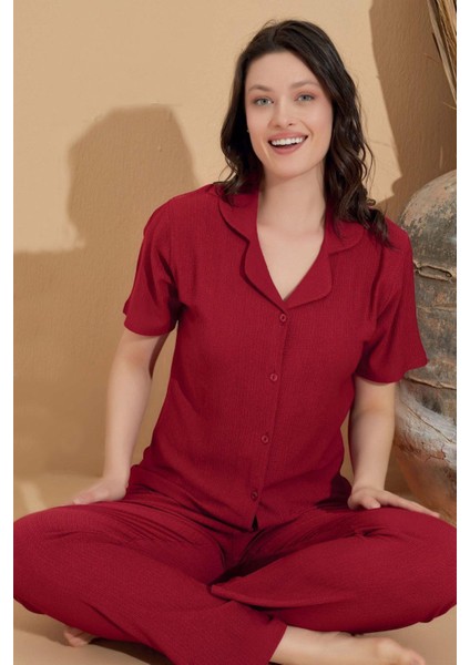 Gömlek Yaka Bürümcük Kısa Kol Pijama Takımı