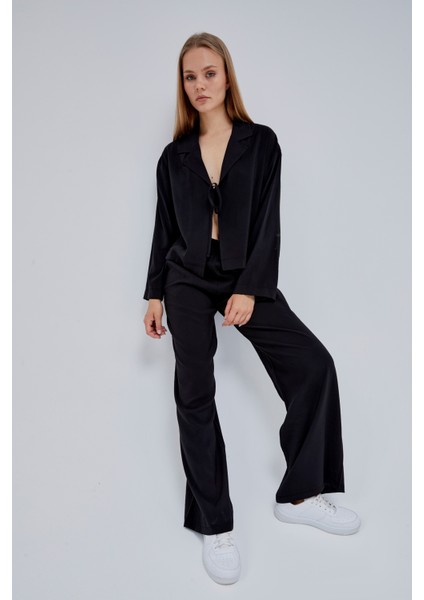 Siyah Beli Lastikli Bol Paça Pantolon