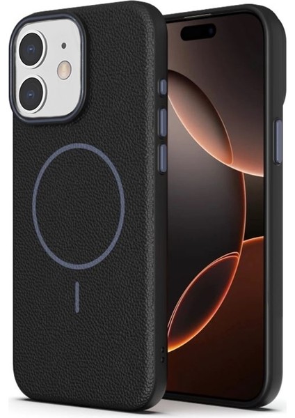 iPhone 11 Uyumlu Kılıf Deri Desen M-Safe Özellikli Lichee Silikon Siyah