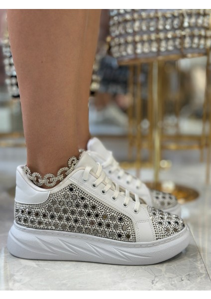 Uriny Kristal Taşlı Özel Tasarım Spor Ayakkabı Beyaz
