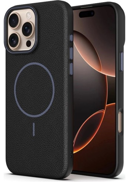 iPhone 15 Pro Max Uyumlu Kılıf Deri Desen M-Safe Özellikli Lichee Silikon Siyah