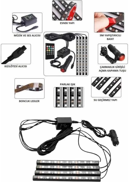 Araç Içi Ayak Altı LED 12 LED Işık Sese Müziğe Duyarlı Rgb Işıklı Aydınlatma Seti