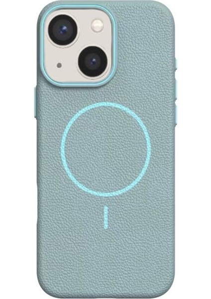 iPhone 14 Uyumlu Kılıf Deri Desen M-Safe Özellikli Lichee Silikon Turkuaz