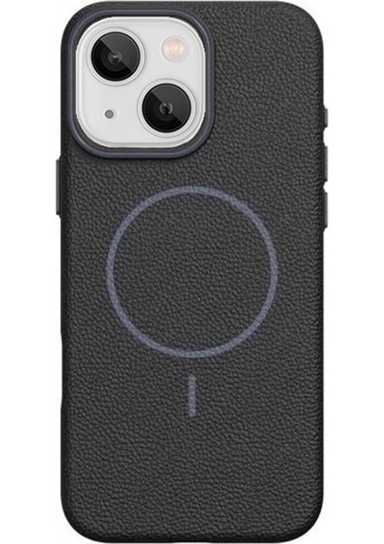 iPhone 15 Uyumlu Kılıf Deri Desen M-Safe Özellikli Lichee Silikon Siyah