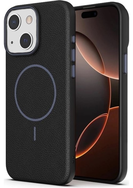 iPhone 15 Uyumlu Kılıf Deri Desen M-Safe Özellikli Lichee Silikon Siyah