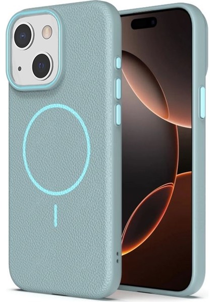 iPhone 13 Uyumlu Kılıf Deri Desen M-Safe Özellikli Lichee Silikon Turkuaz fiyatları
