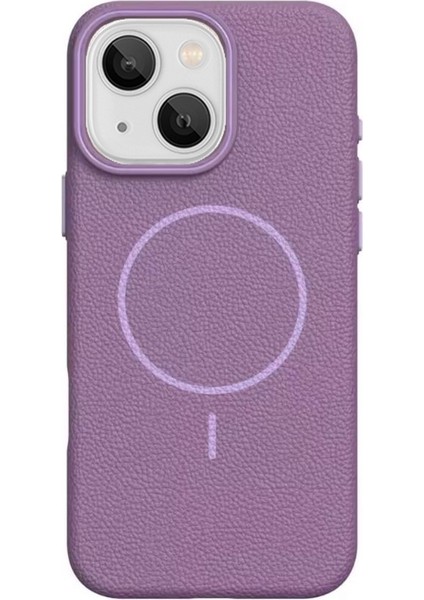 iPhone 15 Uyumlu Kılıf Deri Desen M-Safe Özellikli Lichee Silikon Mürdüm