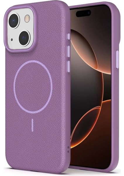 iPhone 15 Uyumlu Kılıf Deri Desen M-Safe Özellikli Lichee Silikon Mürdüm