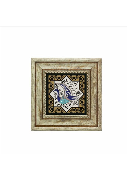 Tavus Kuşu Figürlü, Anadolu Selçuklu Yıldız Motifi Baskılı Doğaltaş Tablo (20 x 20 Kd-31)
