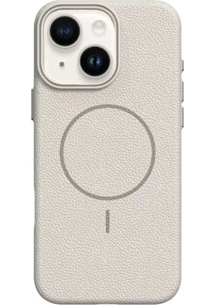 iPhone 13 Uyumlu Kılıf Deri Desen M-Safe Özellikli Lichee Silikon Krem
