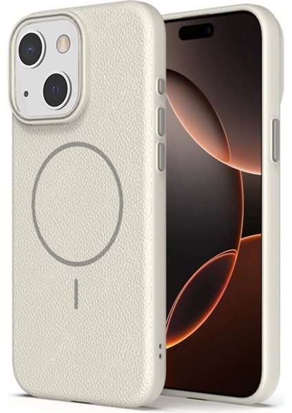 iPhone 13 Uyumlu Kılıf Deri Desen M-Safe Özellikli Lichee Silikon Krem