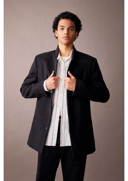 Slim Fit Dik Yaka Astarlı Kaşe Parka Black fırsatları