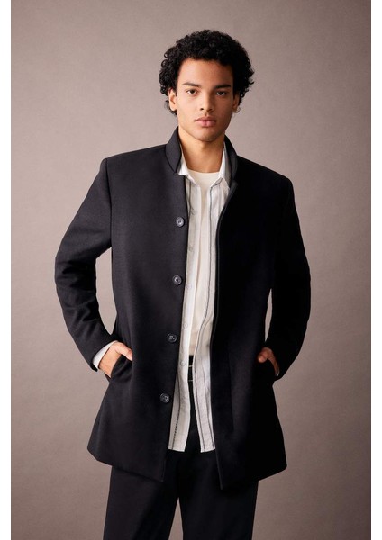 Slim Fit Dik Yaka Astarlı Kaşe Parka Black