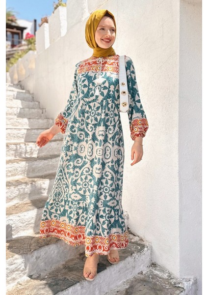 Sophia Kadın Turkuaz Trend Rahat Günlük Yaka Bağlama Detaylı Viscon Elbise SOPHIA-7518