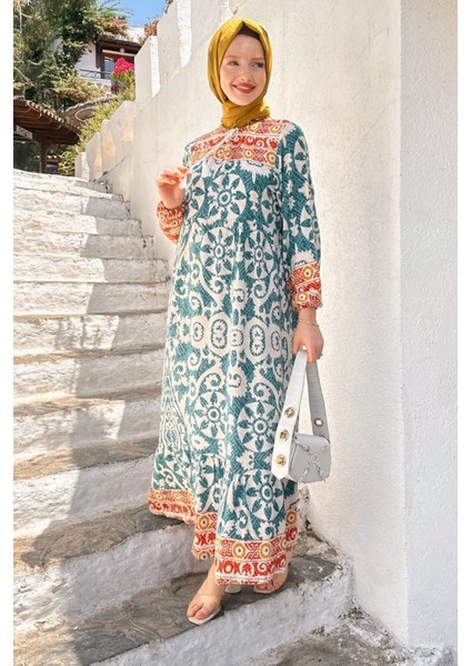 Sophia Kadın Turkuaz Trend Rahat Günlük Yaka Bağlama Detaylı Viscon Elbise SOPHIA-7518 fiyatları