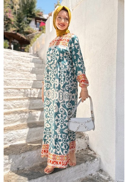 Sophia Kadın Turkuaz Trend Rahat Günlük Yaka Bağlama Detaylı Viscon Elbise SOPHIA-7518 modelleri