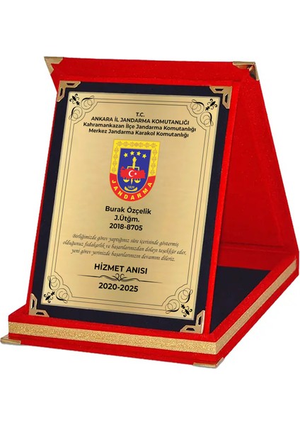 Jandarma Plaketi | Kişiye Özel Hizmet Anısı Plaketi – Kırmızı Kadife Kutu Veda Hatırası- 15X20