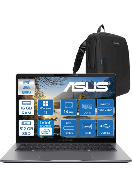 Expertbook P3 P3405CVA Intel Core I7-13620H 16 Ddr5 512GB SSD Windows 11 Home 14" 300NITS Wuxga Intel UHD Taşınabilir Bilgisayar WP3405CVAH002+ZETTAÇANTA