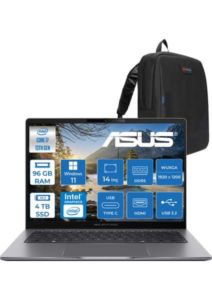Expertbook P3 P3405CVA Intel Core I7-13620H 96GB Ddr5 4tb SSD Windows 11 Home 14" 300NITS Wuxga Intel UHD Taşınabilir Bilgisayar WP3405CVAH035+ZETTAÇANTA